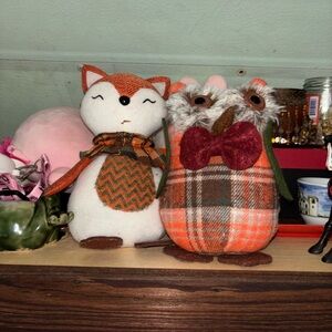 Plaid Owl and Fox Plush Set